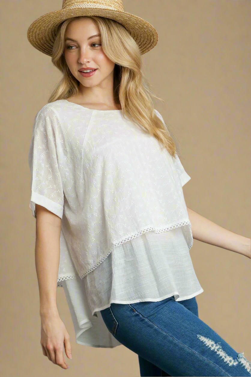 UMGEE - White Layered Short Sleeve Eyelet Blouse