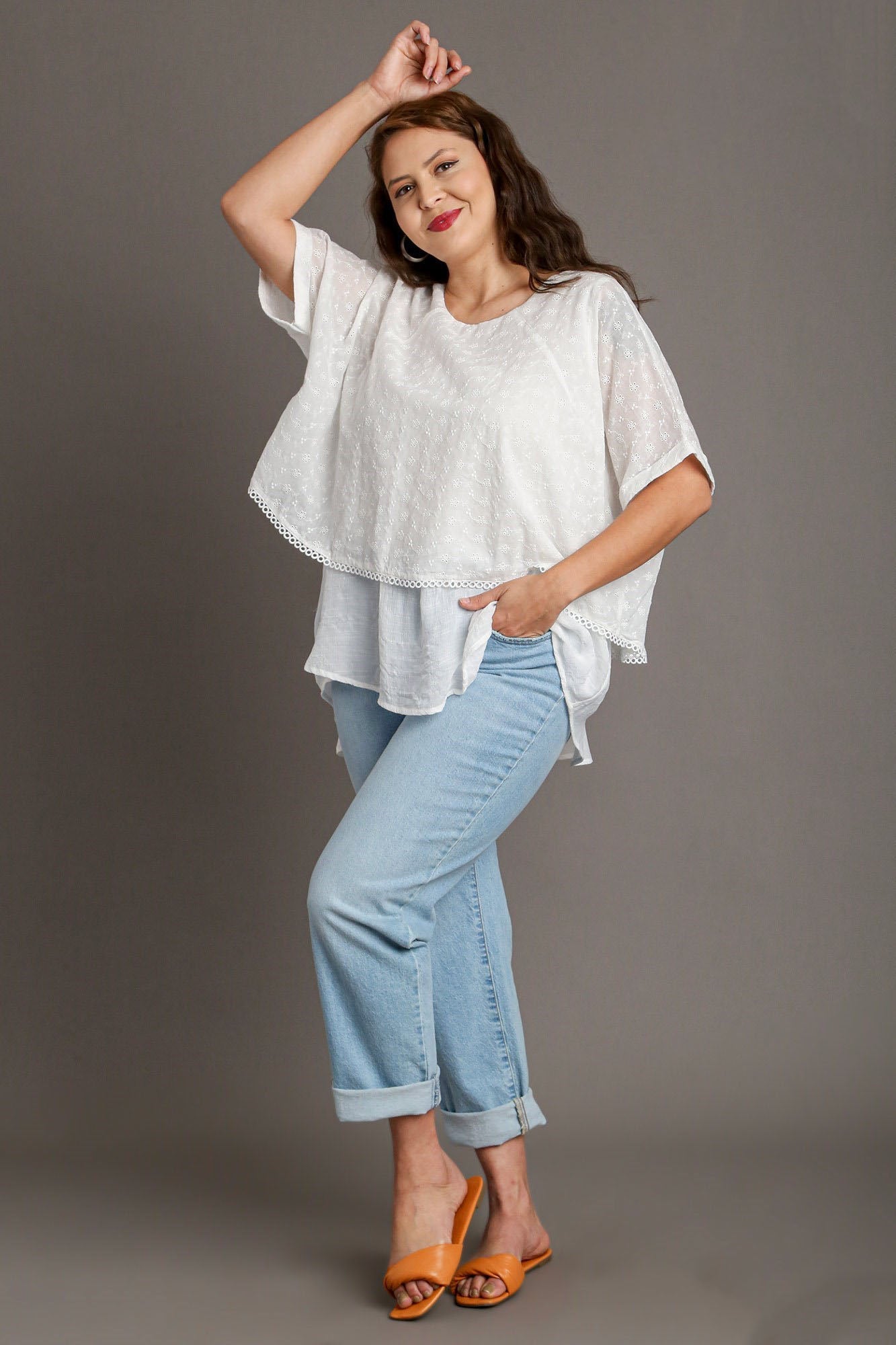 UMGEE - White Layered Short Sleeve Eyelet Blouse