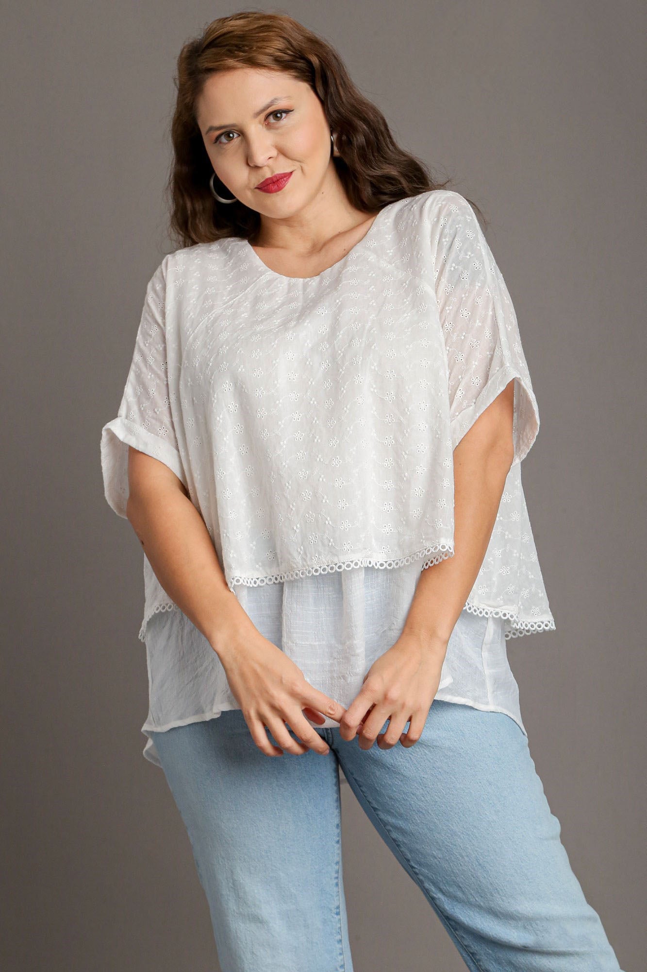 UMGEE - White Layered Short Sleeve Eyelet Blouse