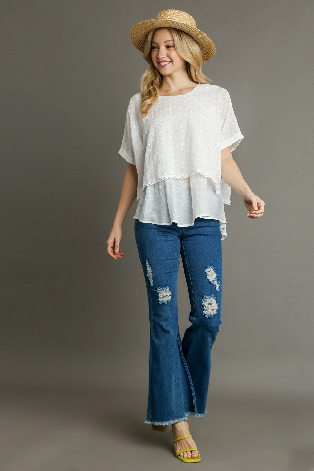 UMGEE - White Layered Short Sleeve Eyelet Blouse