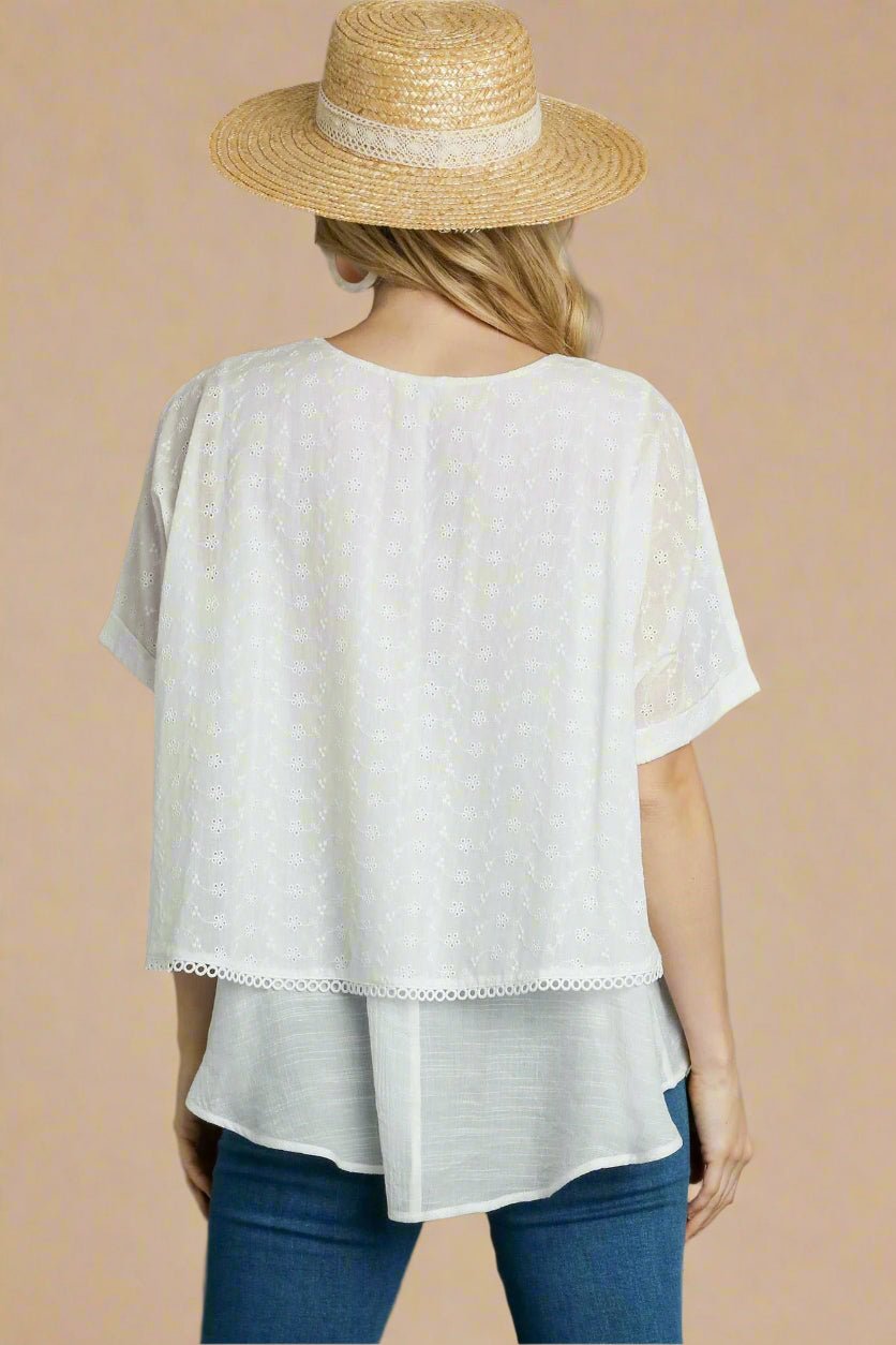 UMGEE - White Layered Short Sleeve Eyelet Blouse
