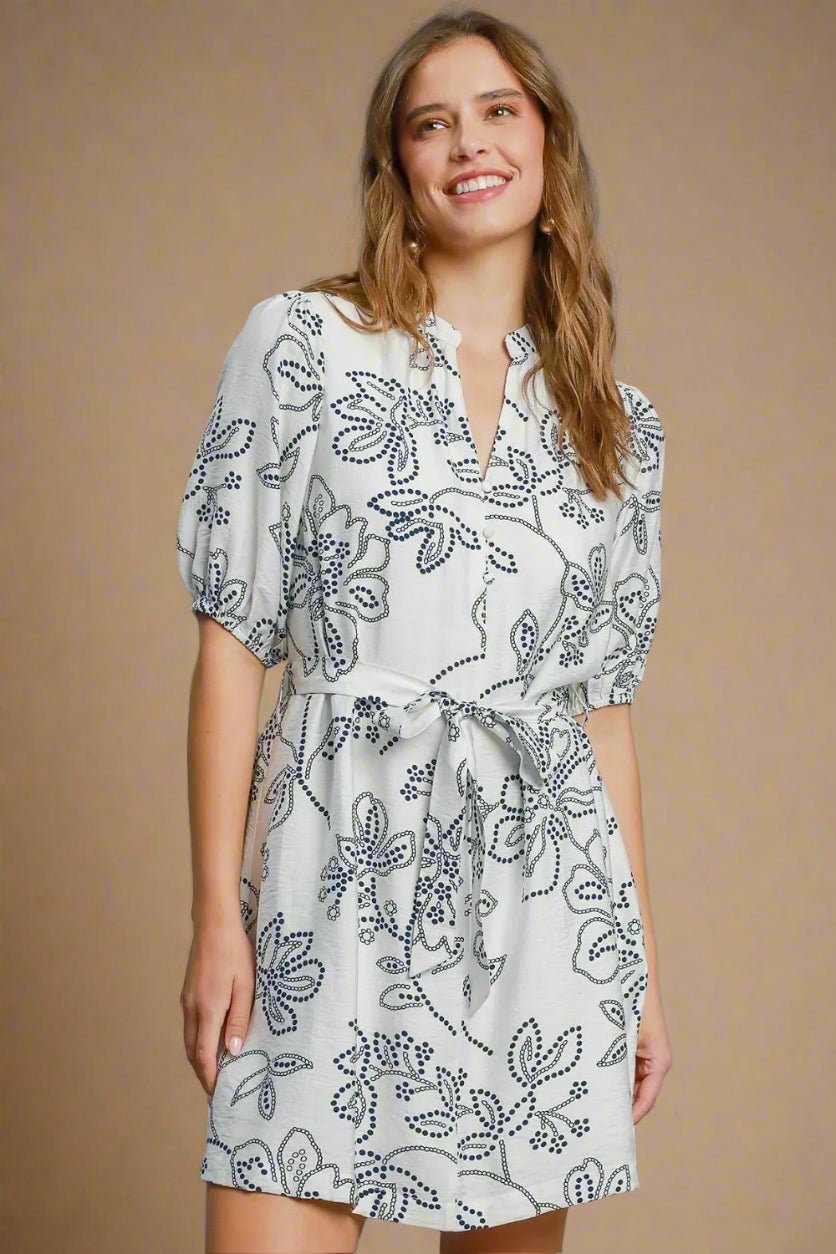 UMGEE - White & Navy Floral Tie Waist Mini Dress