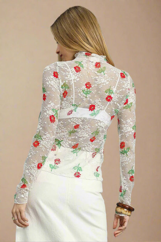 UMGEE - White Sheer Lace Long Sleeve Top with Red Floral Embroidery