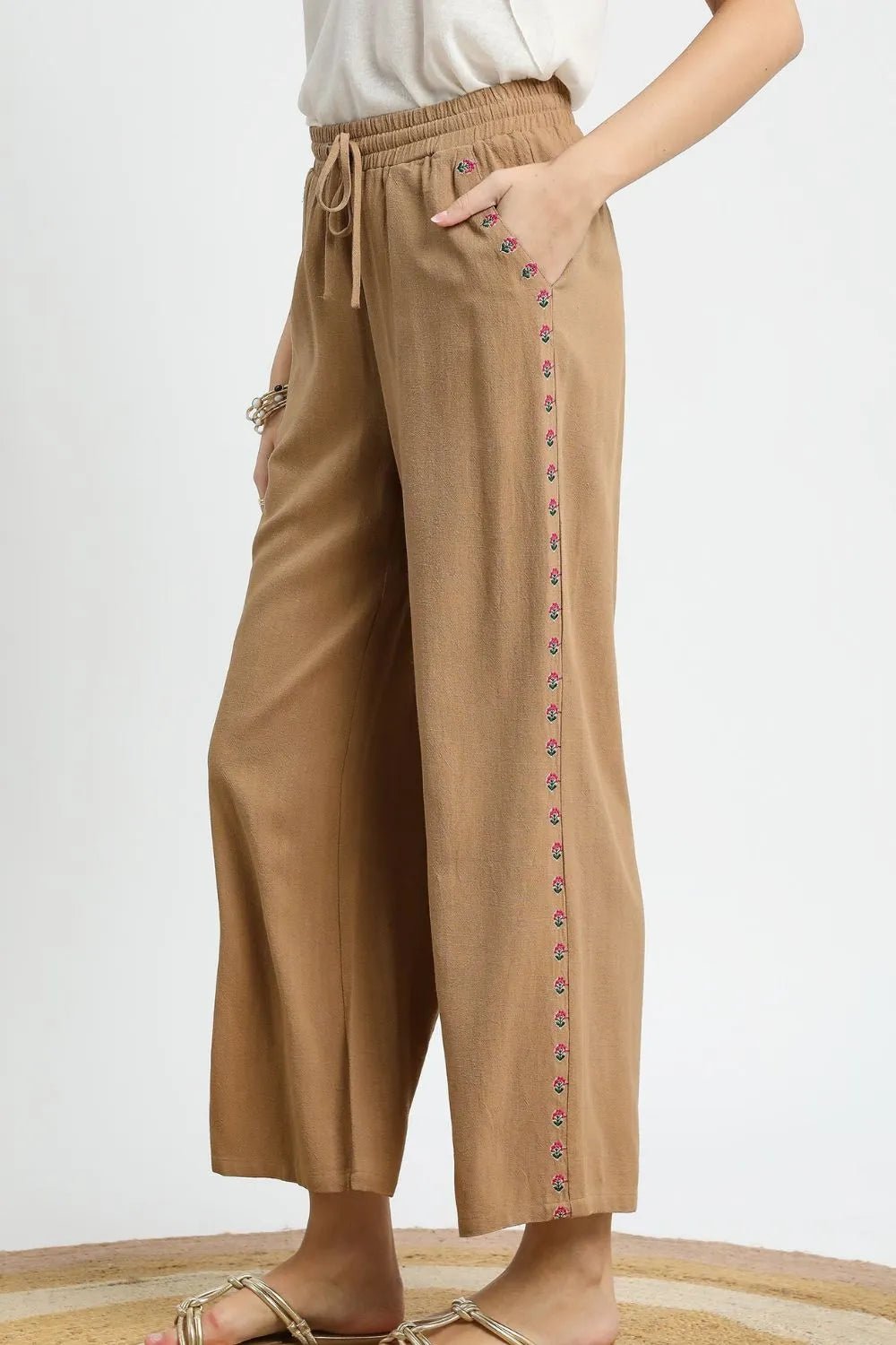 UMGEE - Wide Leg Drawstring Pants in Camel with Embroidered Trim