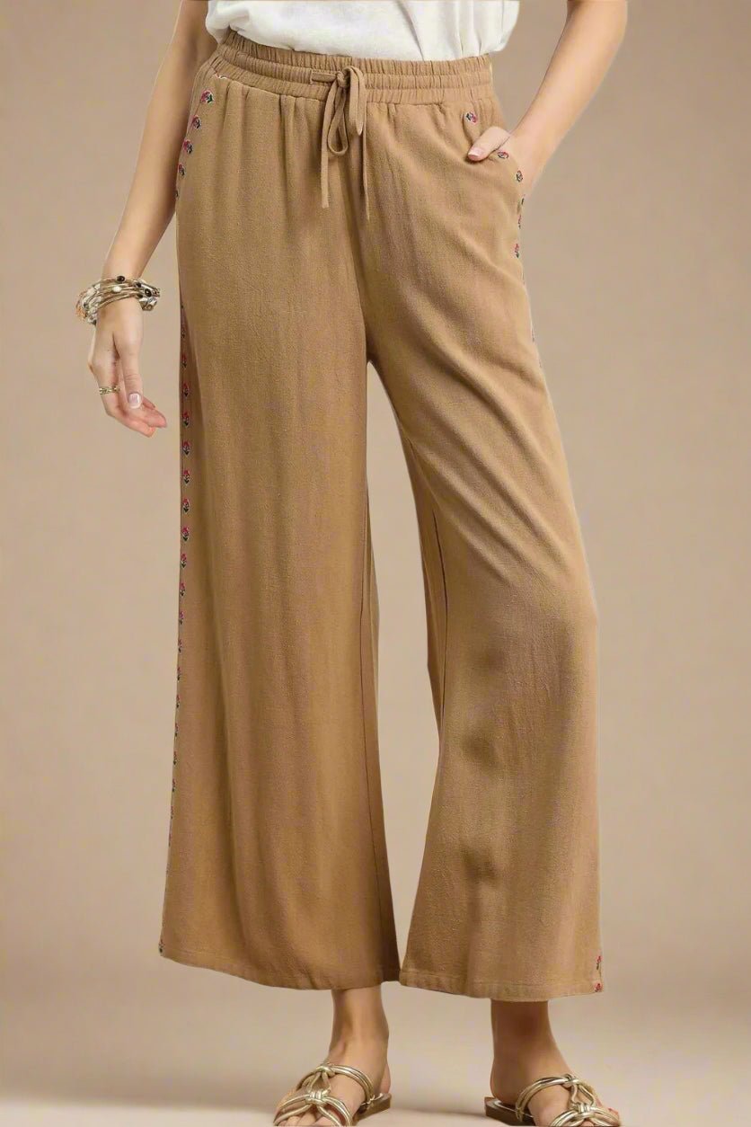 UMGEE - Wide Leg Drawstring Pants in Camel with Embroidered Trim