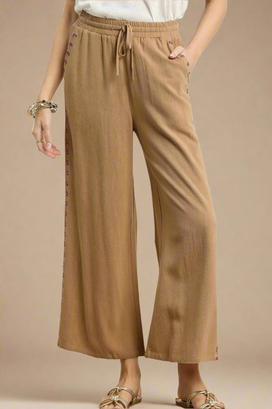 UMGEE - Wide Leg Drawstring Pants in Camel with Embroidered Trim