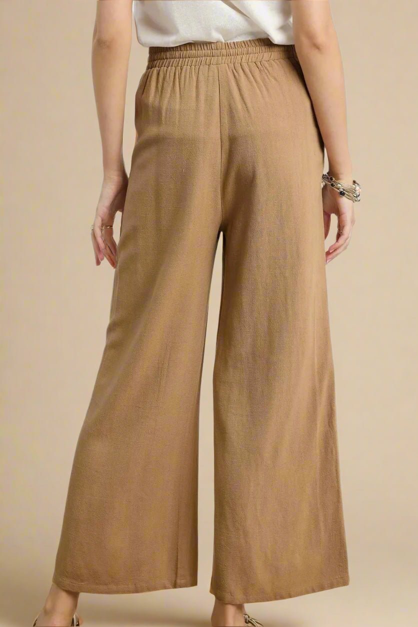 UMGEE - Wide Leg Drawstring Pants in Camel with Embroidered Trim