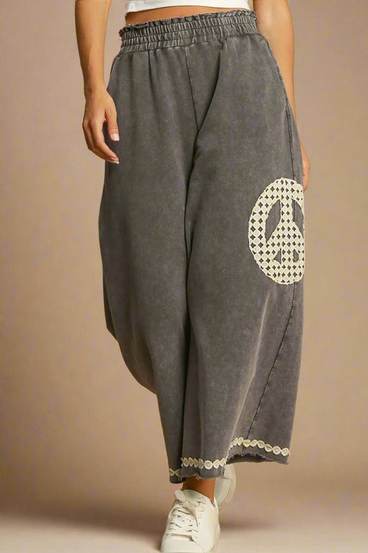 UMGEE - Wide Leg Washed Charcoal Pants with Lace Peace Patch
