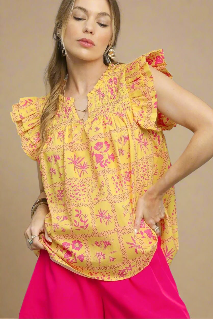 UMGEE - Yellow & Fuchsia Ruffle Sleeve Smocked Top with Tropical Print