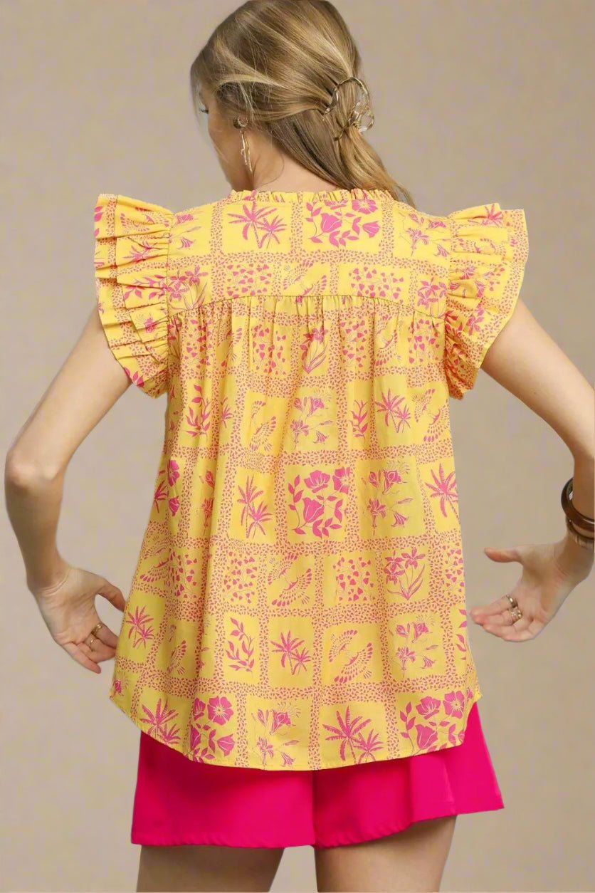 UMGEE - Yellow & Fuchsia Ruffle Sleeve Smocked Top with Tropical Print
