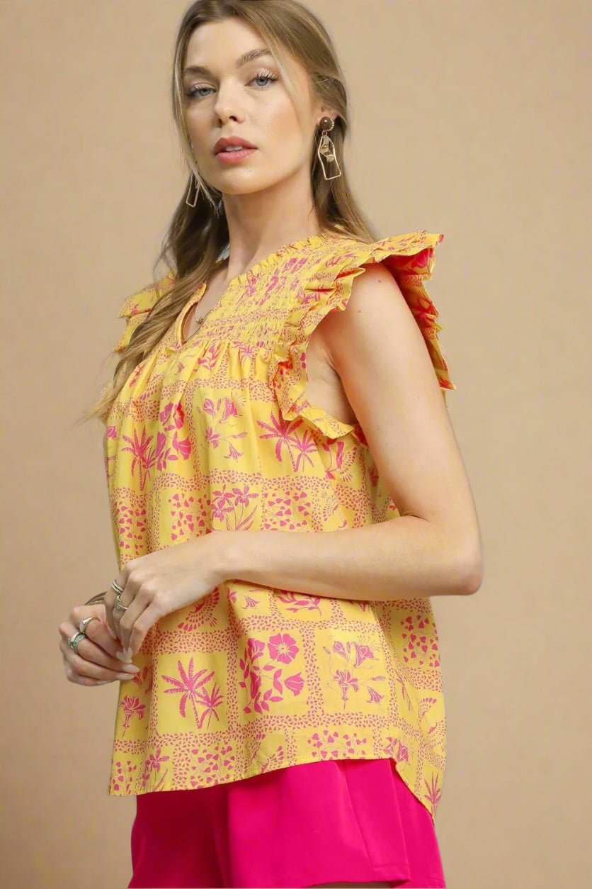 UMGEE - Yellow & Fuchsia Ruffle Sleeve Smocked Top with Tropical Print