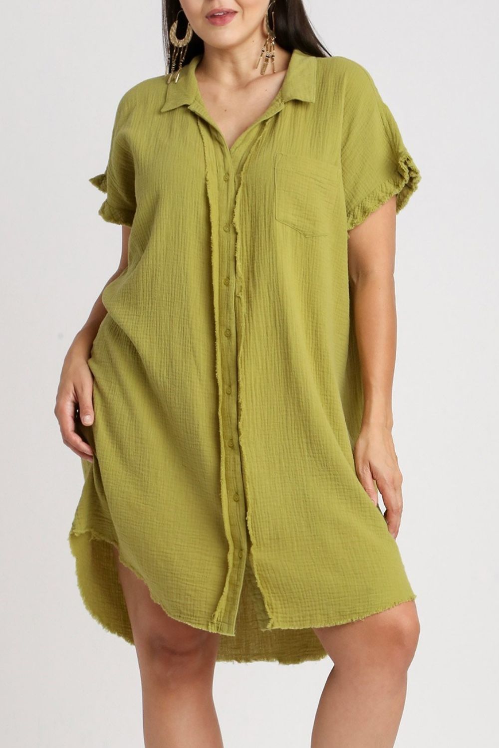 UMGEE - Yellow - Green Textured Gauze Button - Down Mini Shirt Dress