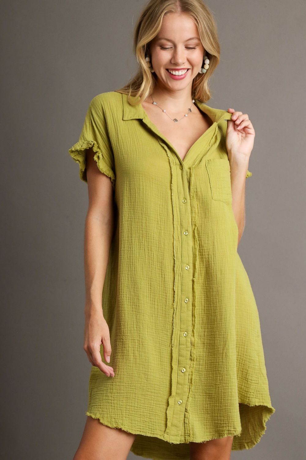 UMGEE - Yellow - Green Textured Gauze Button - Down Mini Shirt Dress