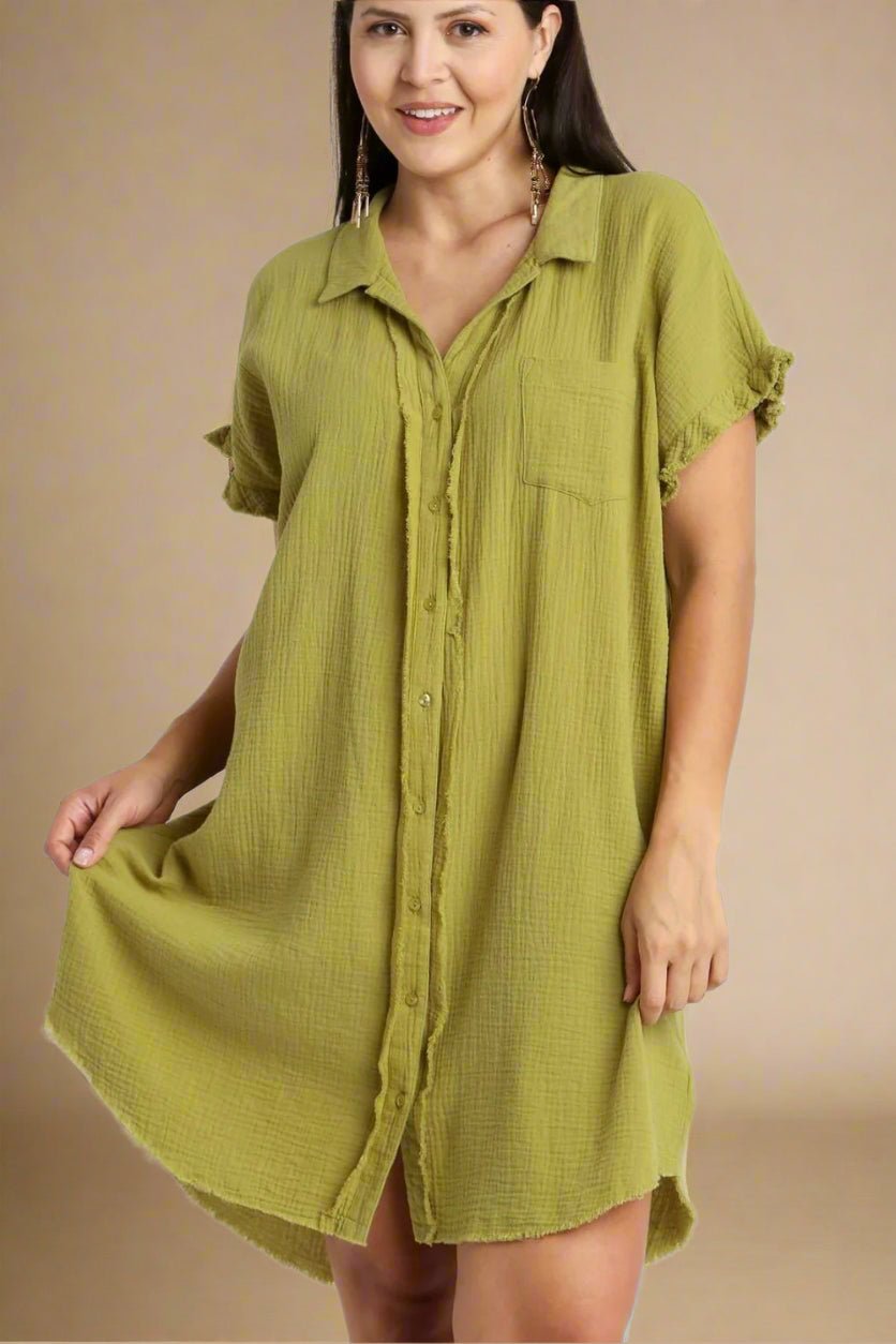 UMGEE - Yellow - Green Textured Gauze Button - Down Mini Shirt Dress