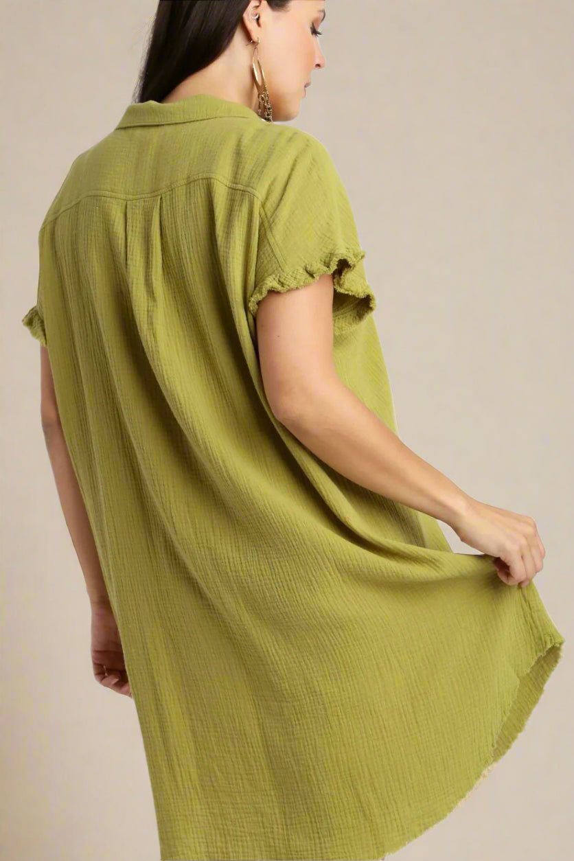 UMGEE - Yellow - Green Textured Gauze Button - Down Mini Shirt Dress