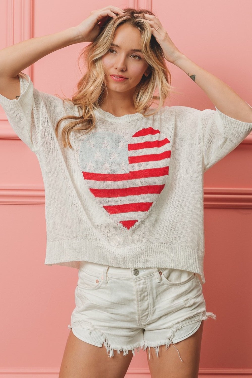 USA Flag Heart Knit Top in Off-WhiteTopBiBi