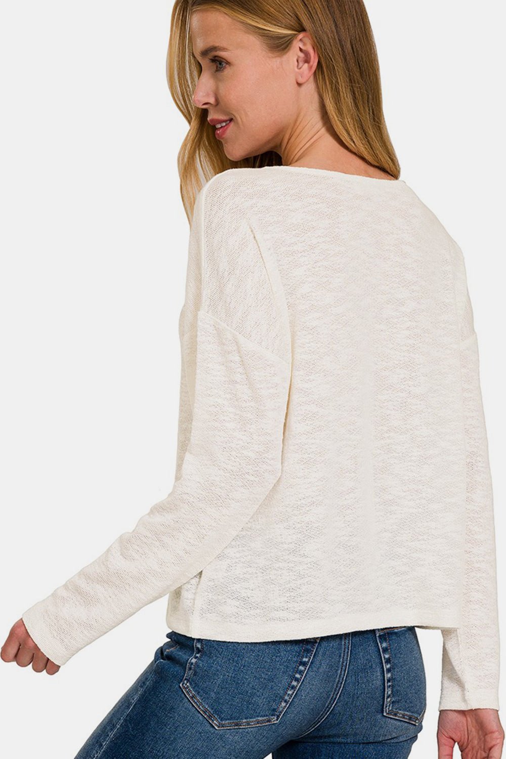 V-Neck Dropped Shoulder Long Sleeve T-Shirt in IvoryT-ShirtZenana