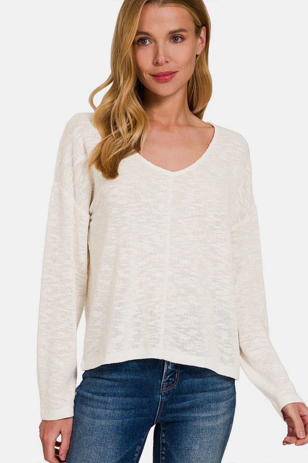 V-Neck Dropped Shoulder Long Sleeve T-Shirt in IvoryT-ShirtZenana