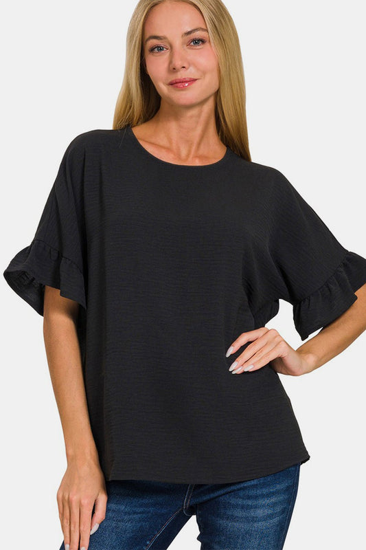 V-Neck Flutter Sleeve Top in BlackTopZenana