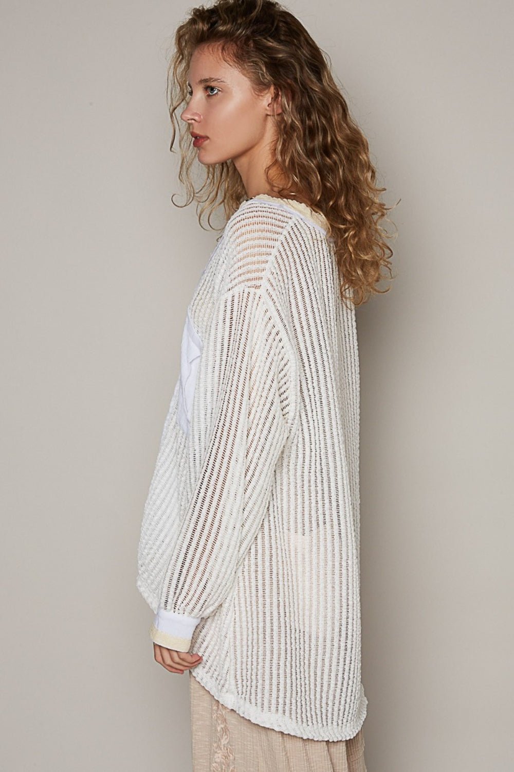 V-Neck Long Sleeve Crochet Top in Off-WhiteTopPOL
