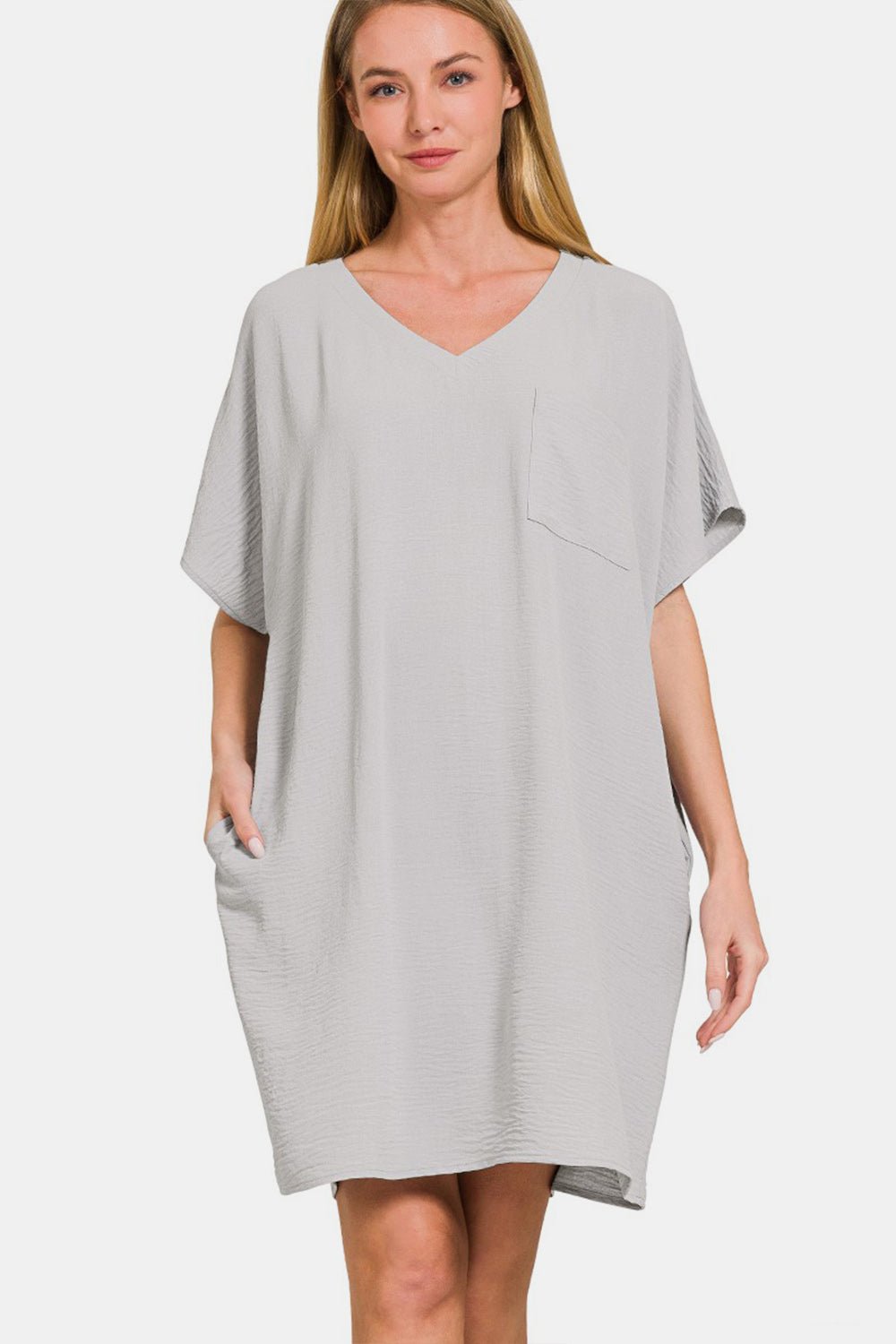 V-Neck Mini Tee Dress with Pockets in Light GreyMini DressZenana