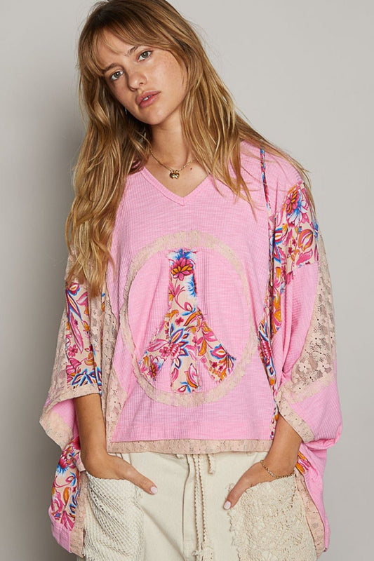 V-Neck Peace Sign Lace Detail Hooded Top in Pink BlushTopPOL
