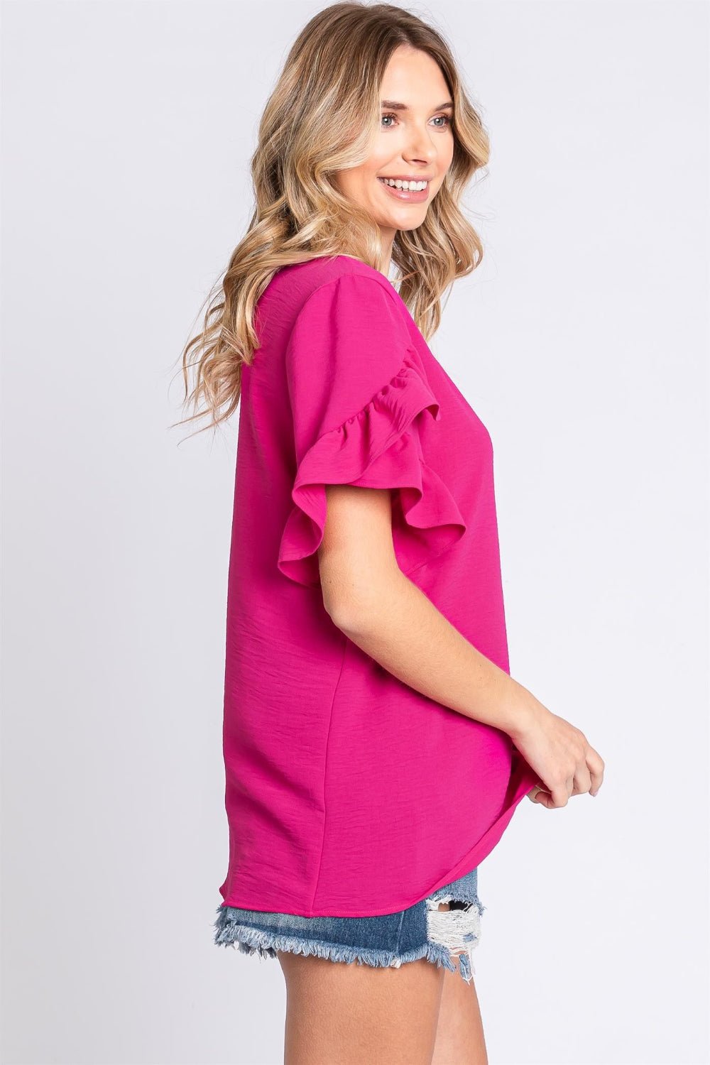 V-Neck Ruffle Trim Short Sleeve Blouse in MagentaBlouseGeeGee