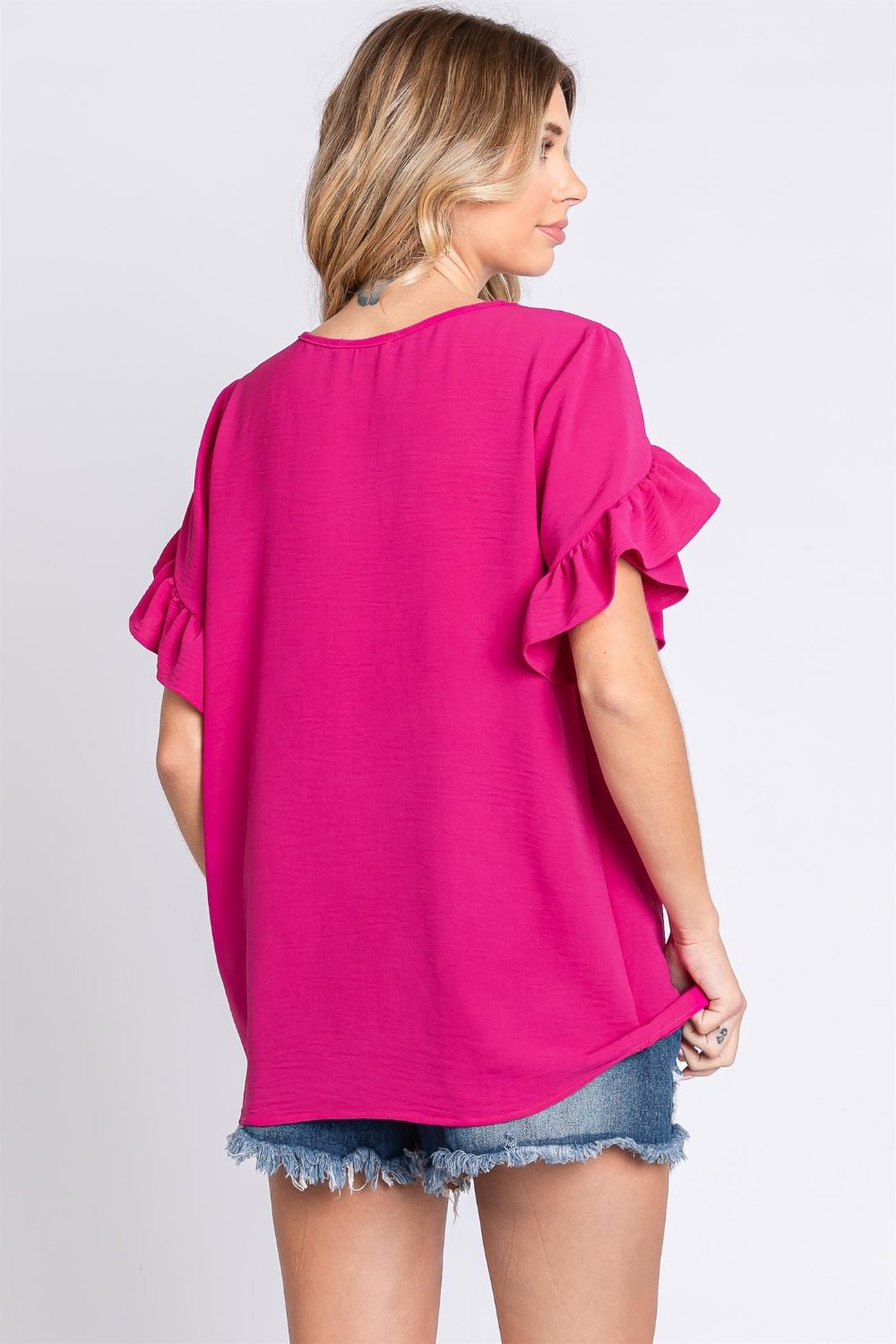 V-Neck Ruffle Trim Short Sleeve Blouse in MagentaBlouseGeeGee