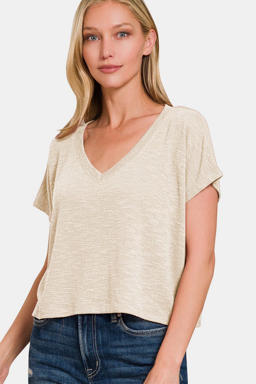 V-Neck Short Sleeve Crop T-Shirt in Sand BeigeT-ShirtZenana