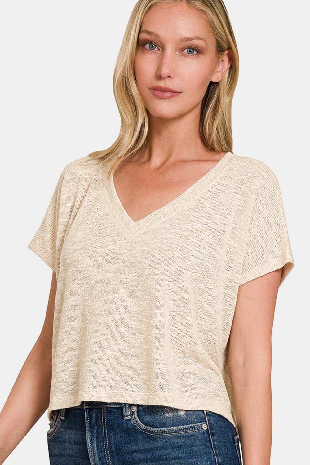 V-Neck Short Sleeve Crop T-Shirt in Sand BeigeT-ShirtZenana