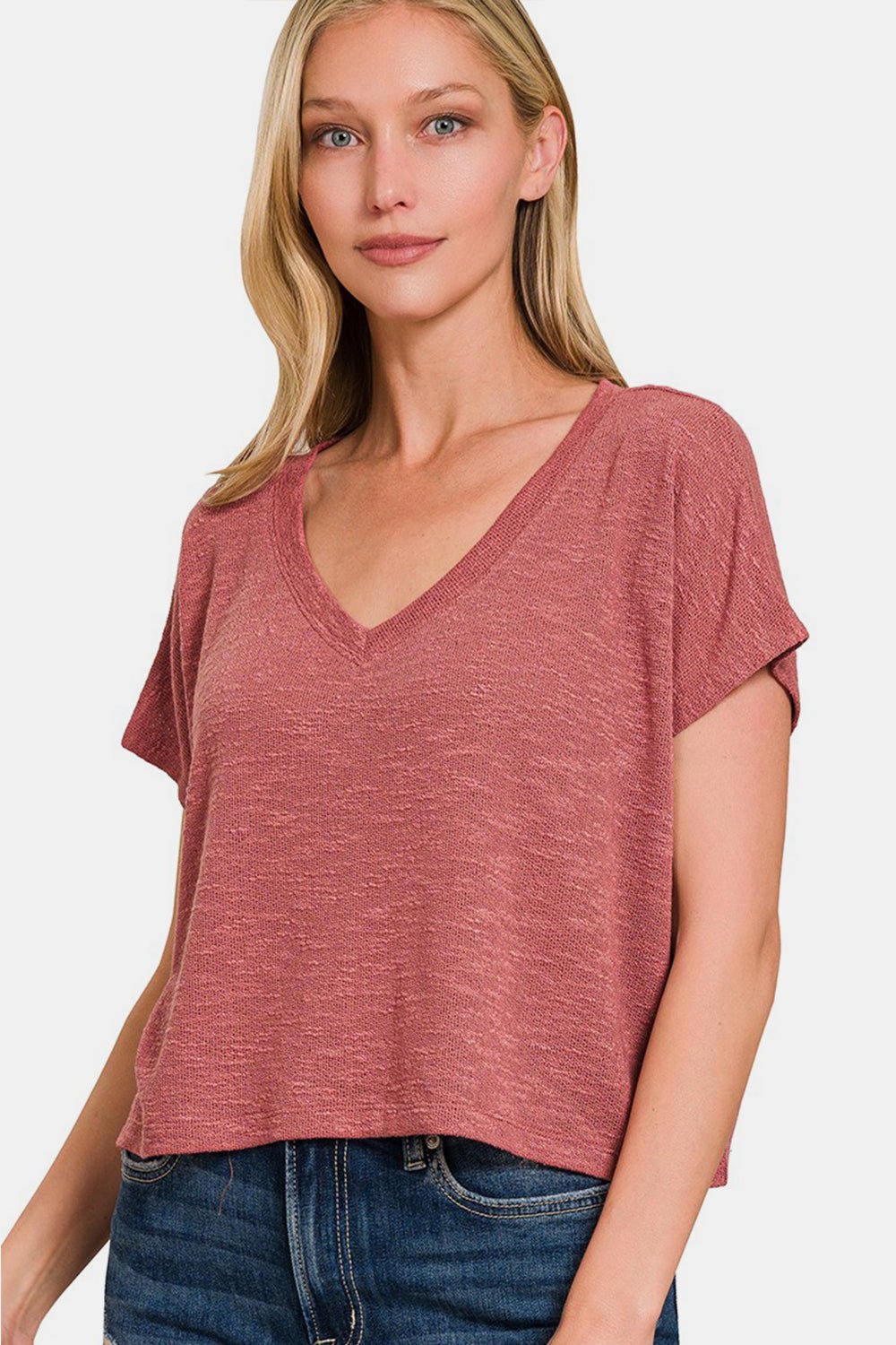 V-Neck Short Sleeve Crop T-Shirt in Winter RoseT-ShirtZenana