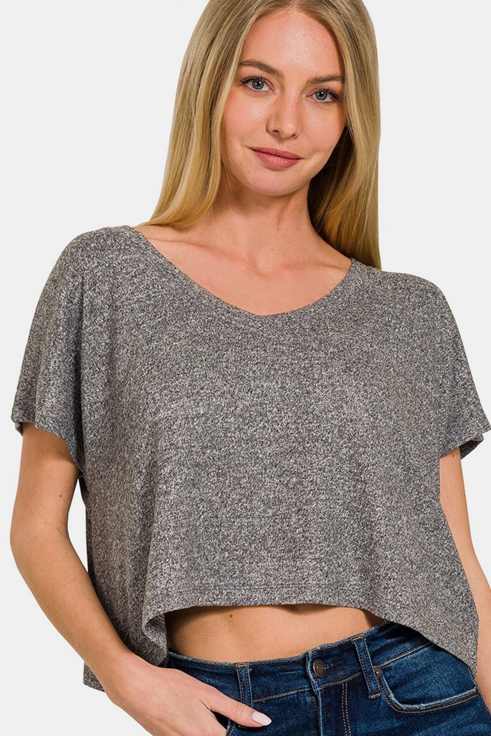V - Neck Short Sleeve Cropped T - Shirt in Heather BlackT - ShirtZenana