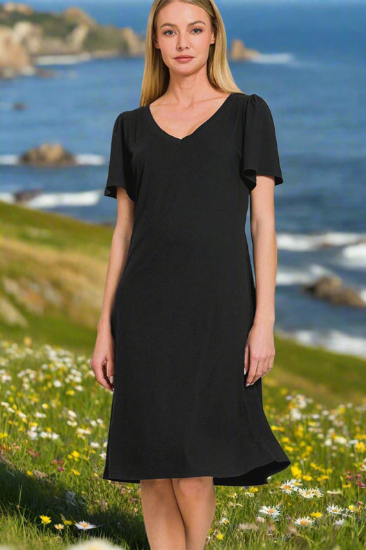 V-Neck Short Sleeve Knee-Length Dress in BlackKnee-Length DressZenana