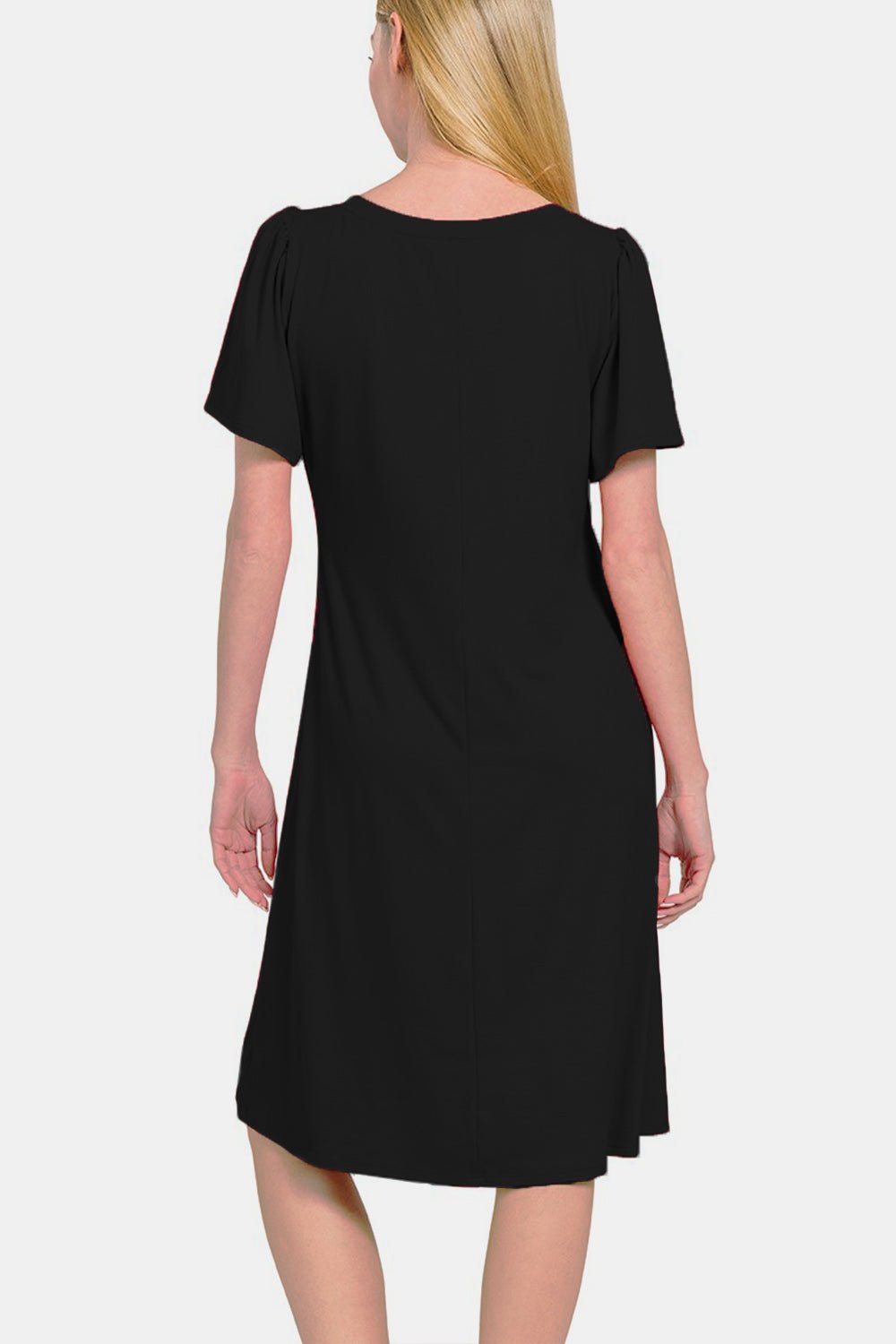 V-Neck Short Sleeve Knee-Length Dress in BlackKnee-Length DressZenana