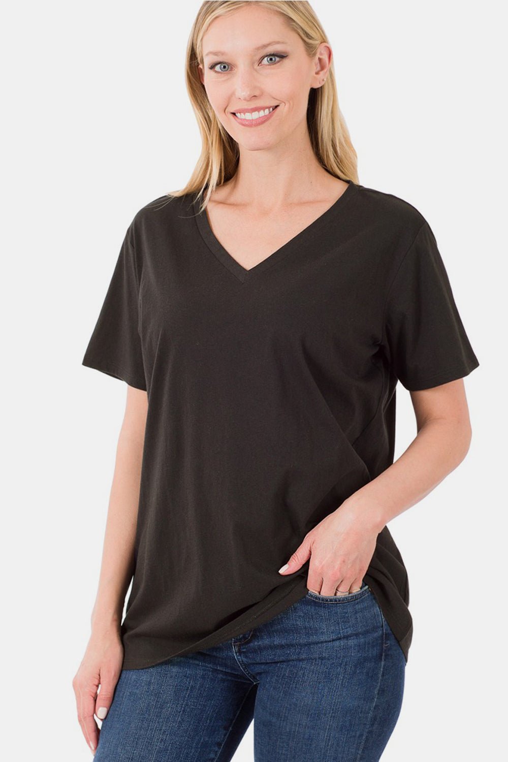 V-Neck Short Sleeve T-Shirt in BlackT-ShirtZenana