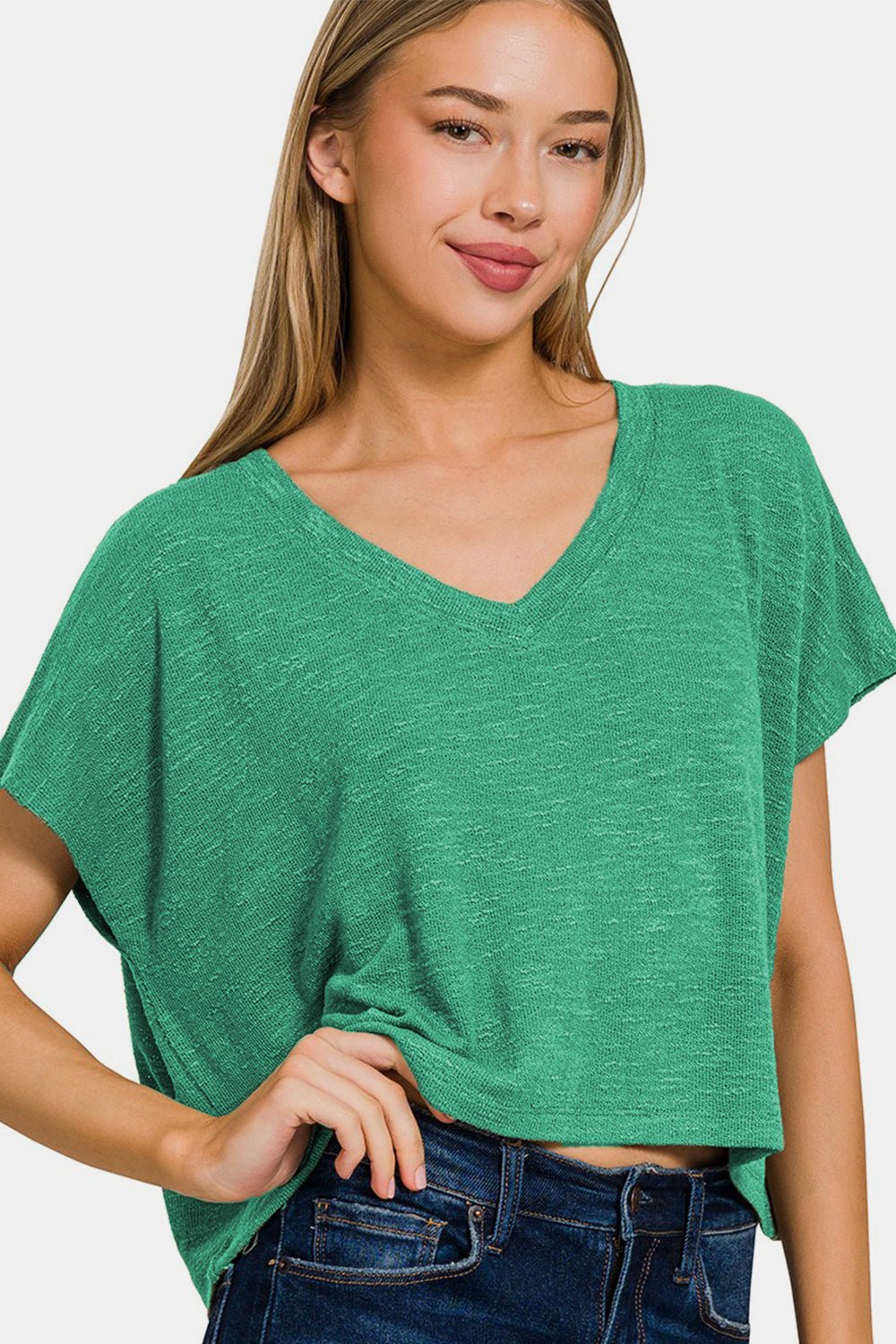 V-Neck Short Sleeve T-Shirt in GreenT-ShirtZenana