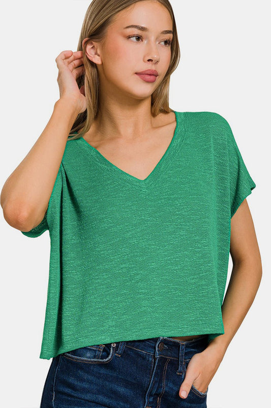 V-Neck Short Sleeve T-Shirt in GreenT-ShirtZenana