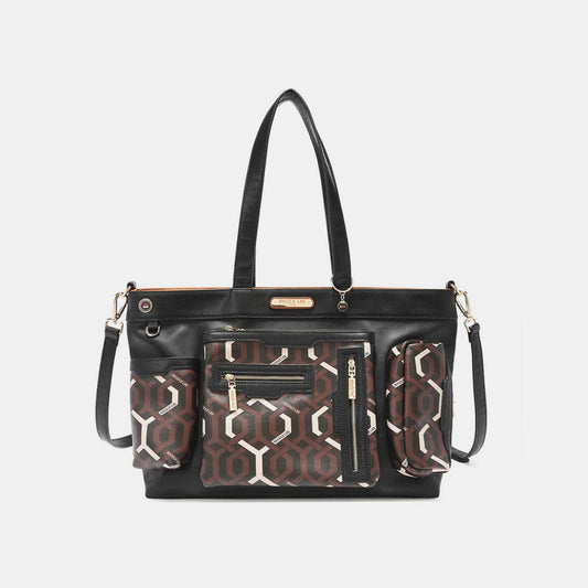Vegan Leather Geometric Pattern Large Handbag in BrownHandbagNicole Lee USA
