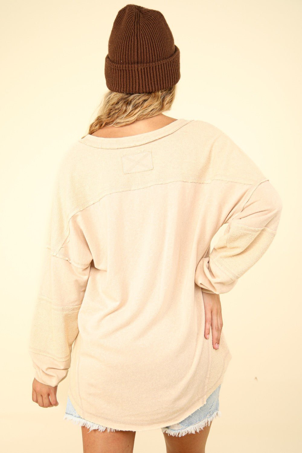 Very J - Beige Washed V - Neck Exposed Seams Knit Top