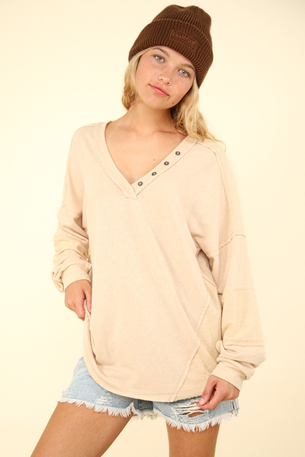 Very J - Beige Washed V - Neck Exposed Seams Knit Top