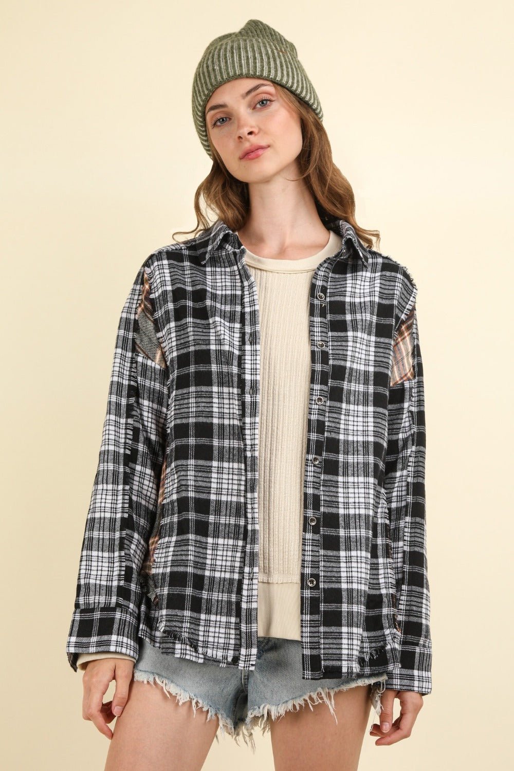 Very J - Black Contrast Plaid Raw Seams Shirt