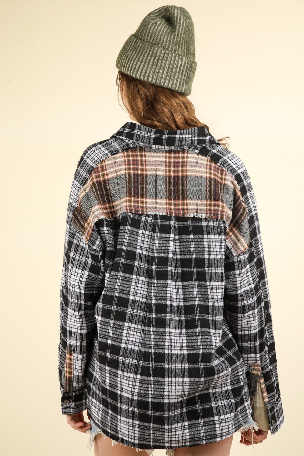 Very J - Black Contrast Plaid Raw Seams Shirt