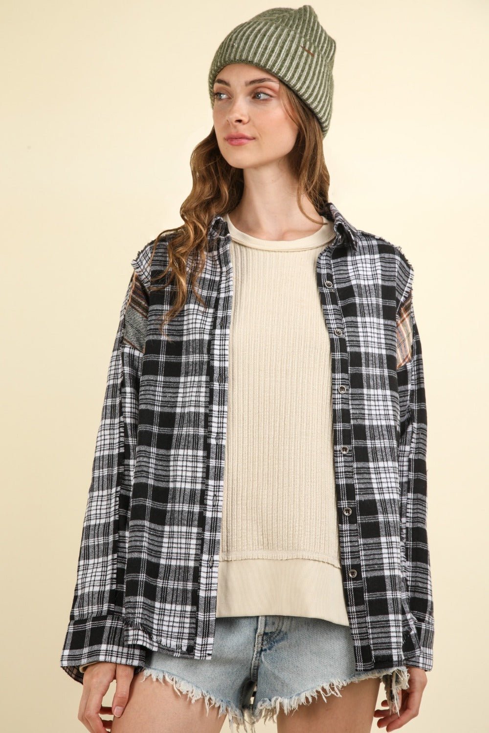 Very J - Black Contrast Plaid Raw Seams Shirt