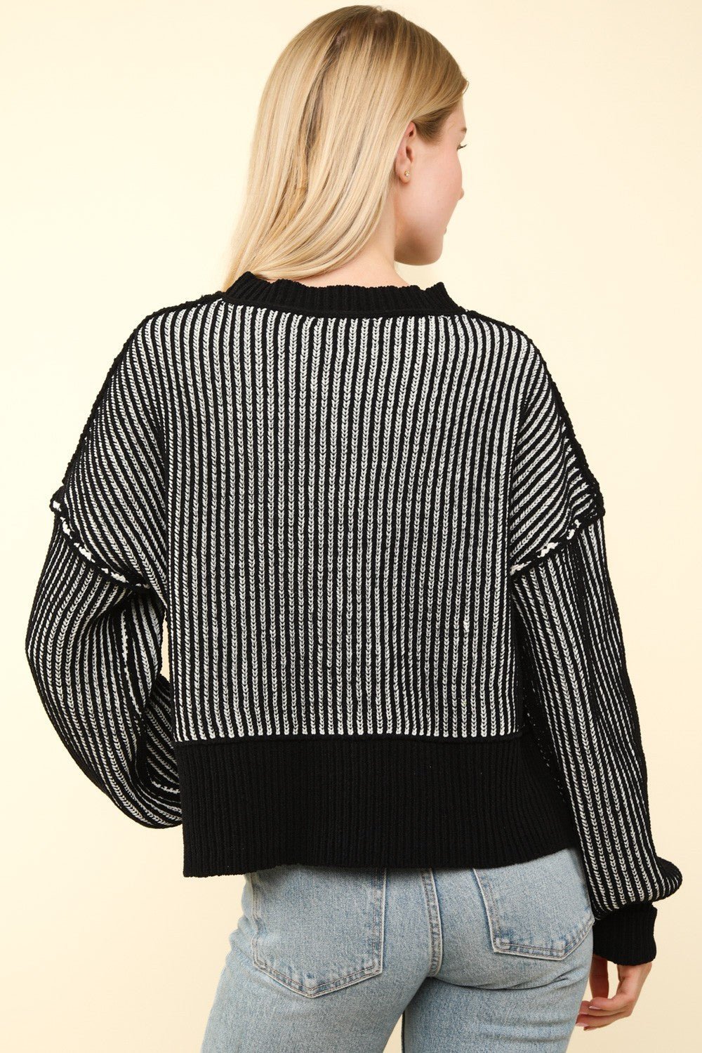 Very J - Black Exposed Seams Cropped Striped Sweater