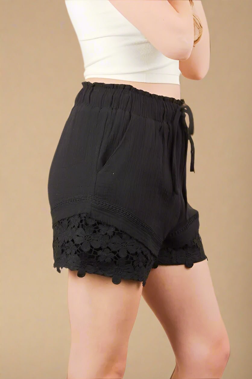 Very J - Black Gauze Shorts with Floral Crochet Hem