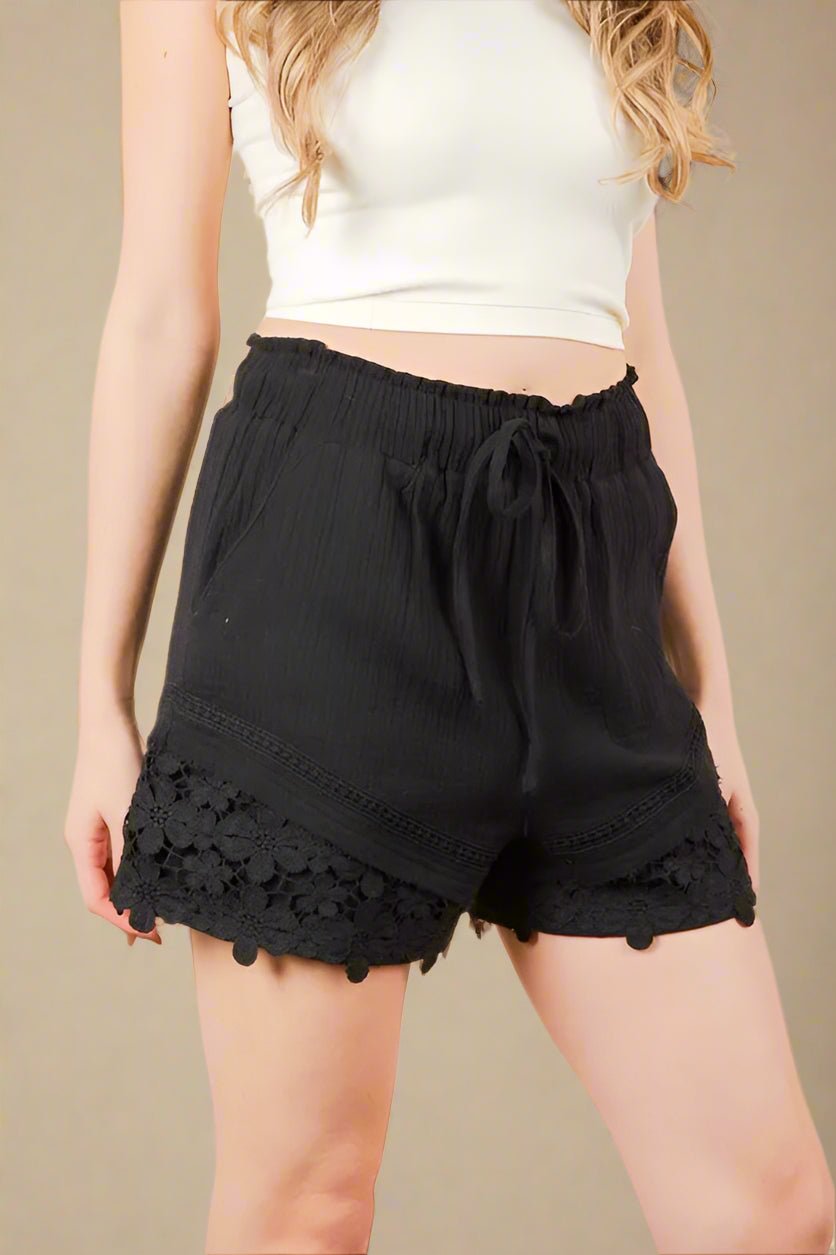 Very J - Black Gauze Shorts with Floral Crochet Hem