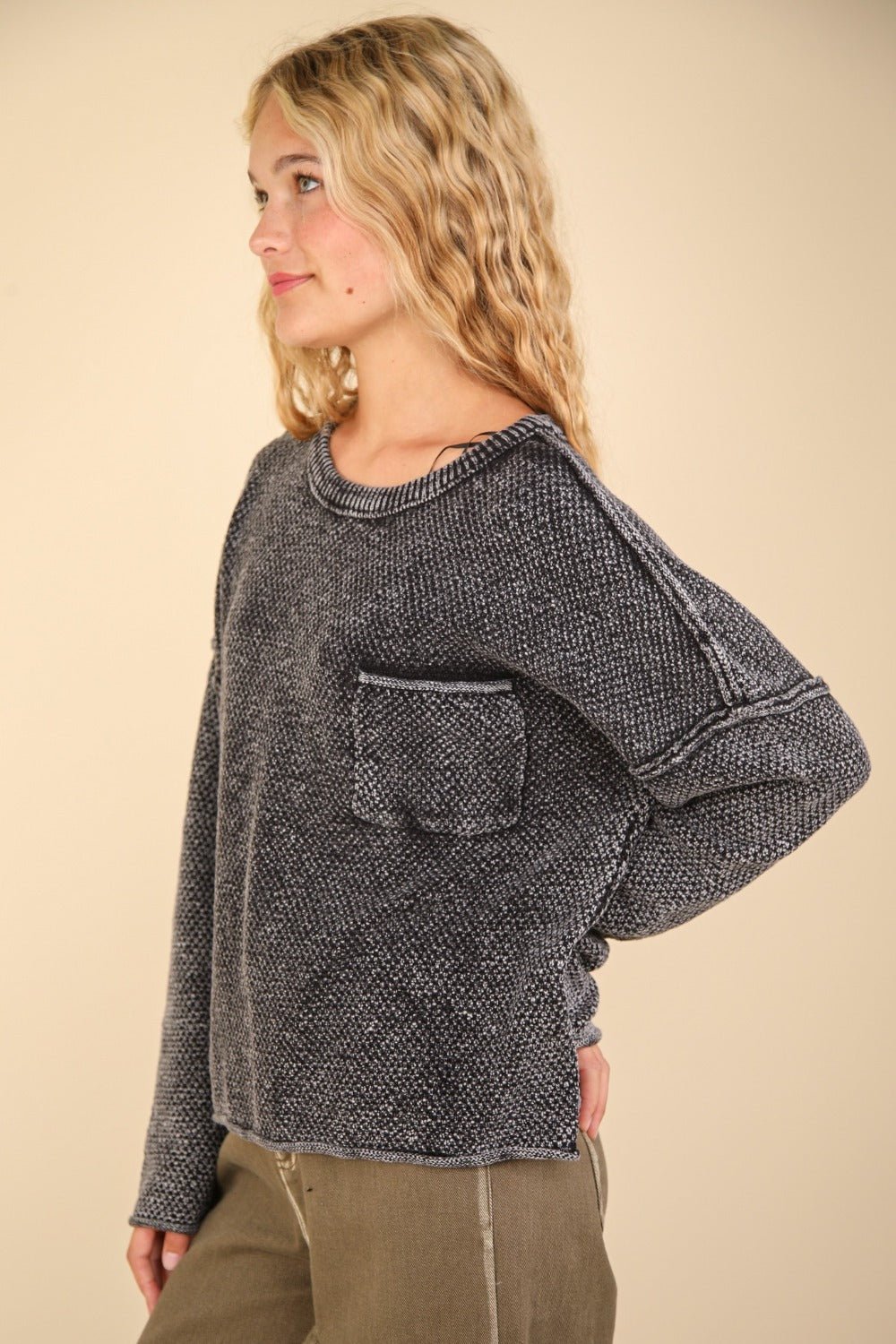 Very J - Black Mineral Washed Exposed Seams Sweater