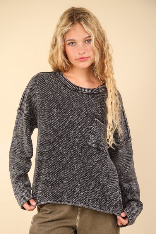 Very J - Black Mineral Washed Exposed Seams Sweater