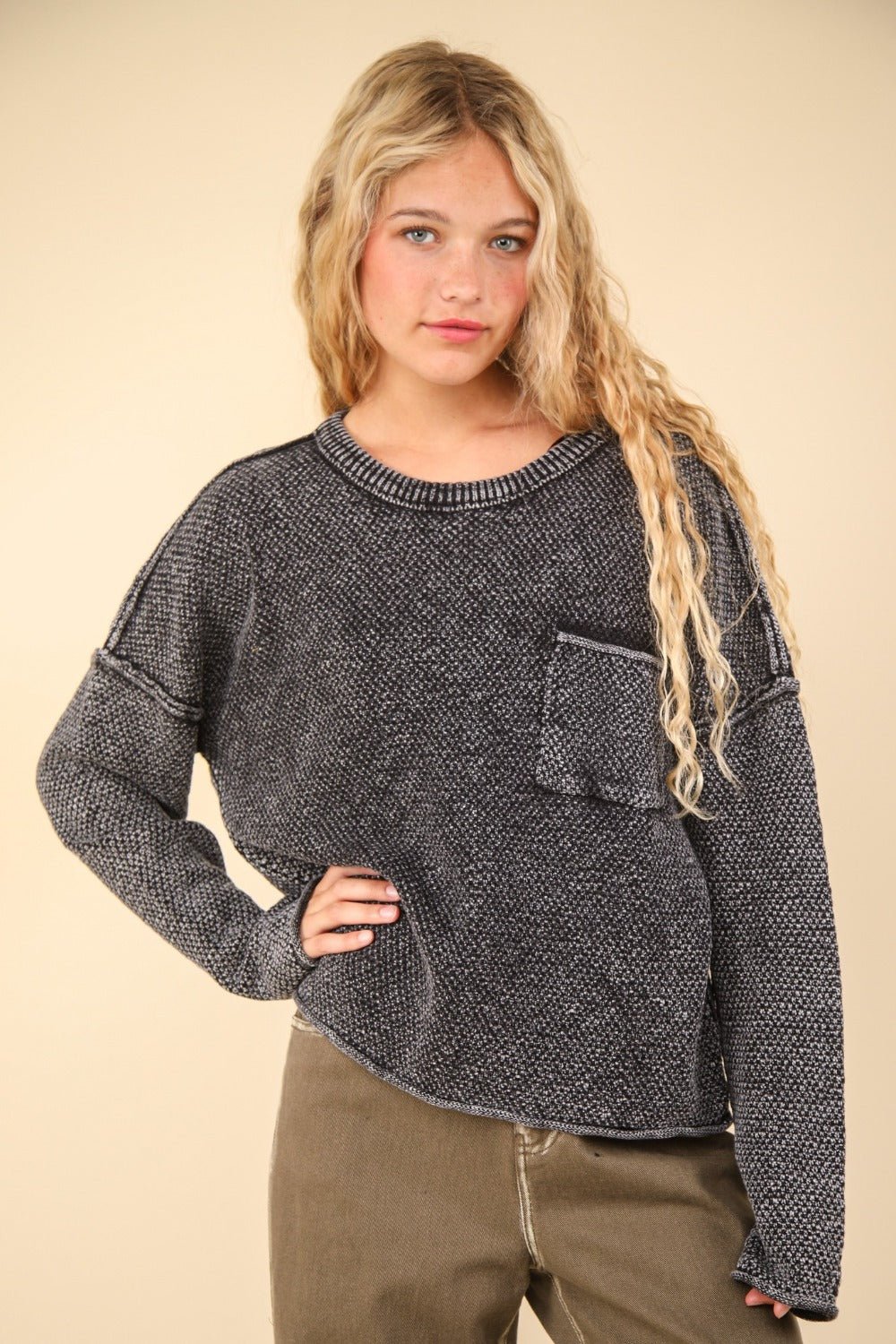 Very J - Black Mineral Washed Exposed Seams Sweater