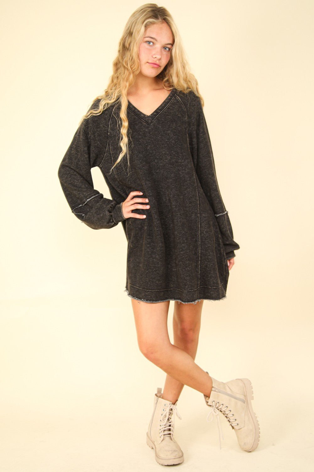 Very J - Black Mineral Washed Oversized Mini Dress